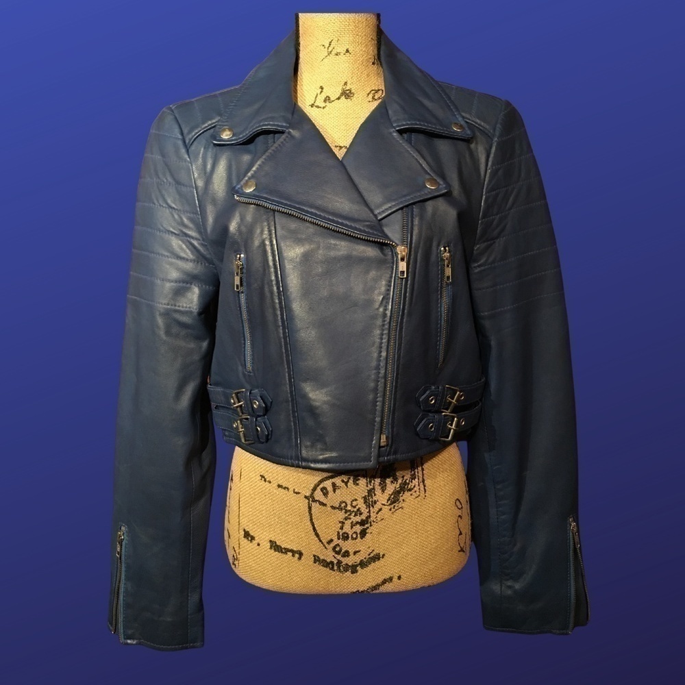 CARRIE HOXTON 100% Leather CROPPED MOTO BIKER JACKET, DARK BLUE, NWOT, XL